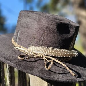 Suede Western-style Fedora Hat with Feather Trim - Dark Brown